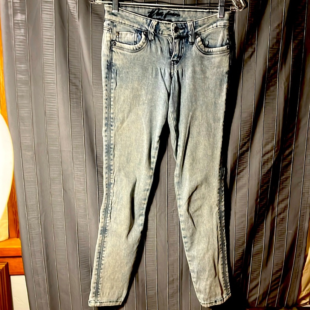 Wax Jeans, distressed blue denim, Size 3, straight leg